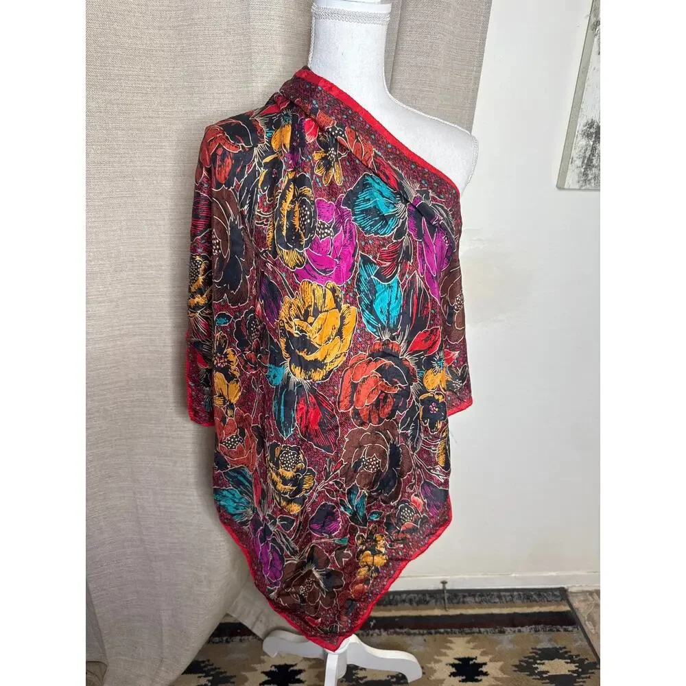 VTG Honey 100% Silk Scarf 30x30 Bold Jewel Tone Floral Rose Print Large Square